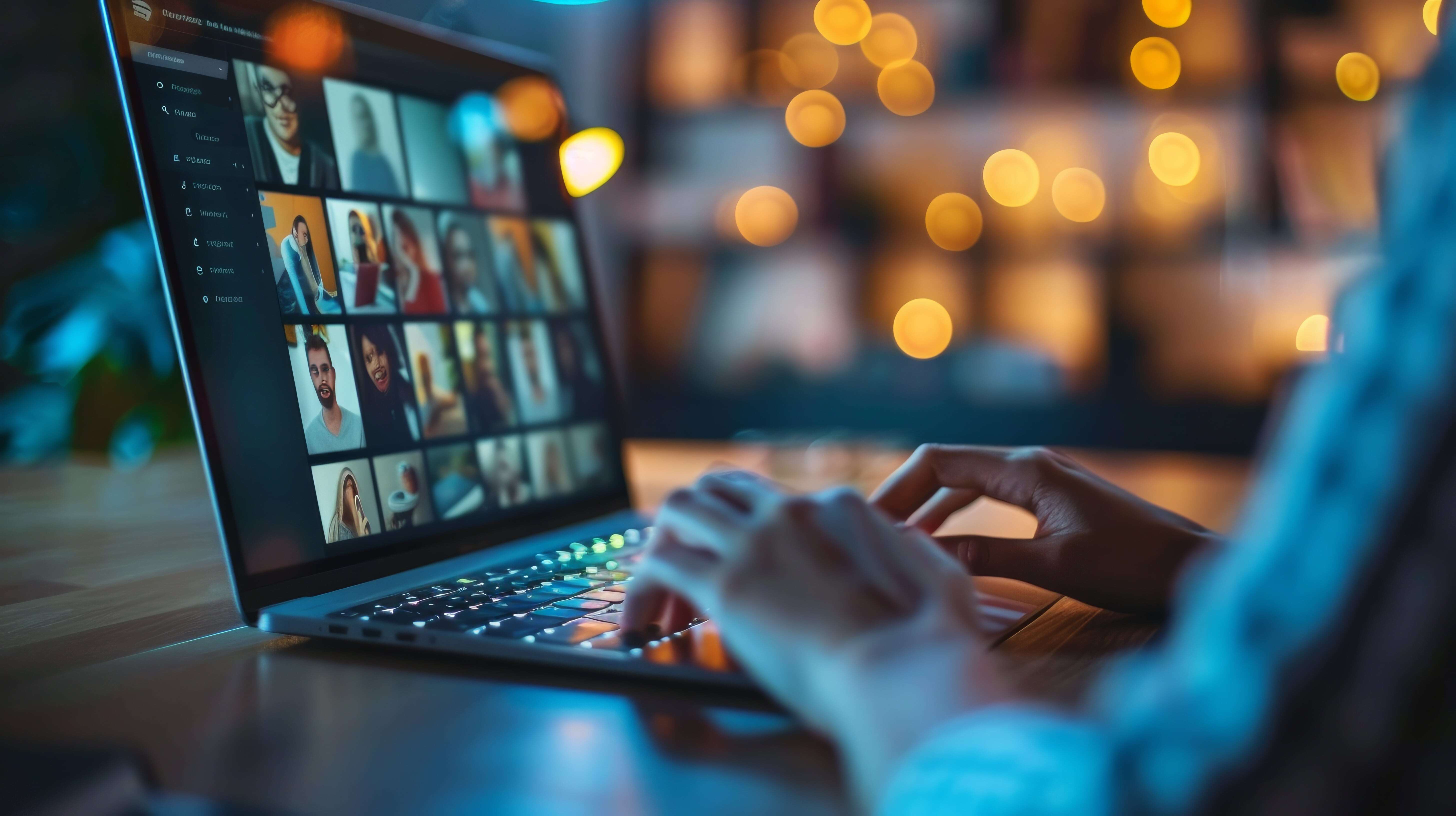 A person typing on a laptop during a virtual meeting with multiple participants shown on the screen, with warm bokeh lights in the background.